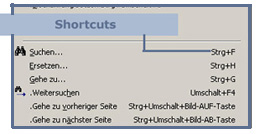 Abbildung eines Men&uuml;s mit Angabe von Shortcuts