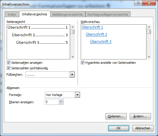 Screenshot der Dialogbox Inhaltsverzeichnis 