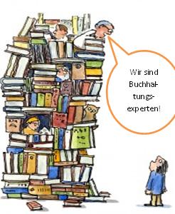 Mehrere Mitarbeiter arbeiten in einer B&uuml;cherwand. Der Oberste ruft einem am Boden stehenden Mitarbeiter zu: "Wir sind Buchhaltungsexperten!"